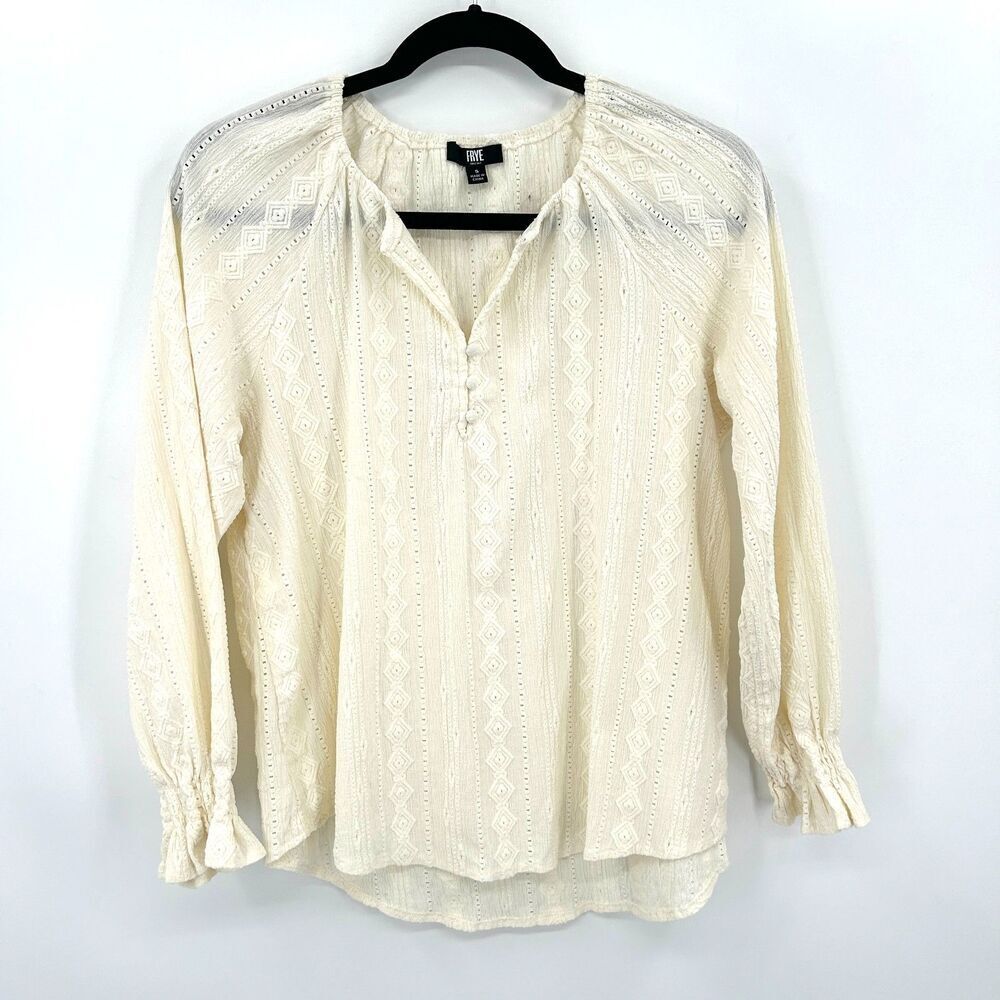FRYE Ivory White Semi Sheer Eyelet Puff Sleeve Peasant Blouse Top Size Small